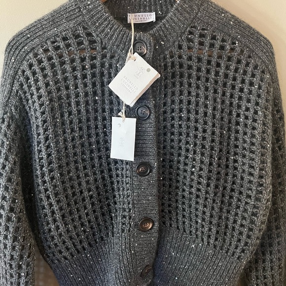 Women’s Brunello Cucinelli NEW Sequin Crochet Cardigan Gray Cashmere Blend Sz S - Picture 12 of 13